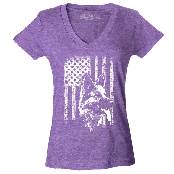 Shop4Ever Women's German Shepherd American Flag Slim Fit V-Neck T-Shirt X-Large Heather Purple