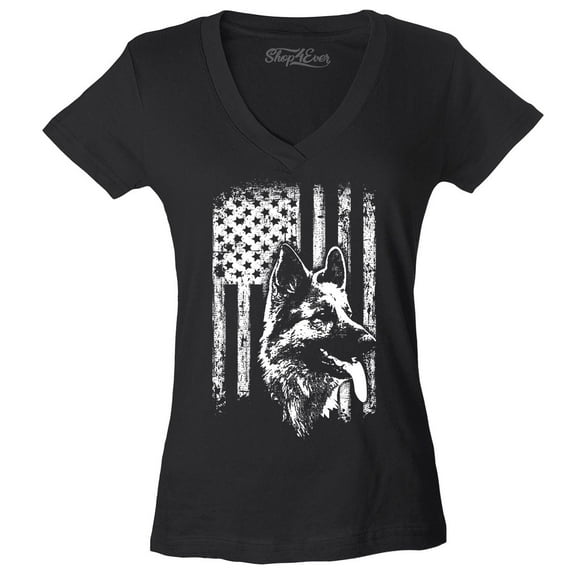 Shop4Ever Women's German Shepherd American Flag Slim Fit V-Neck T-Shirt X-Small Black
