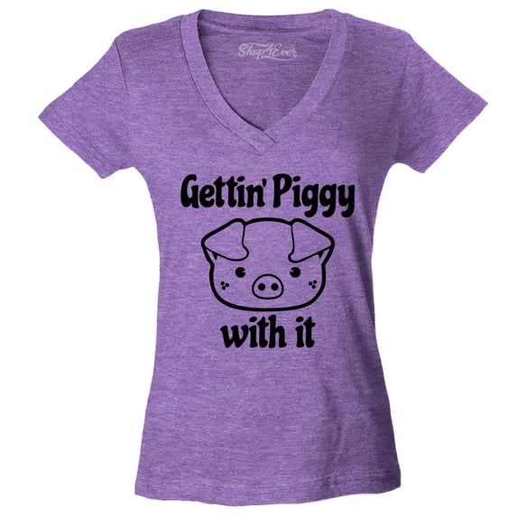 Shop4Ever Women's Getting' Piggy with It Slim Fit V-Neck T-Shirt Small Heather Purple