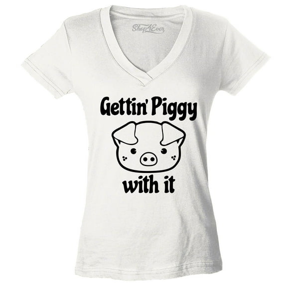 Shop4Ever Women's Getting' Piggy with It Slim Fit V-Neck T-Shirt Small White