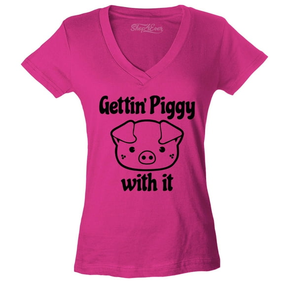 Shop4Ever Women's Getting' Piggy with It Slim Fit V-Neck T-Shirt X-Large Pink