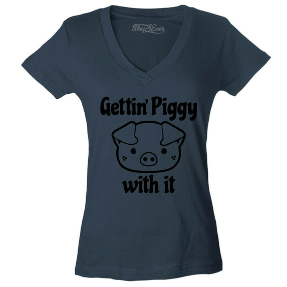 Shop4Ever Women's Getting' Piggy with It Slim Fit V-Neck T-Shirt XX-Large Charcoal