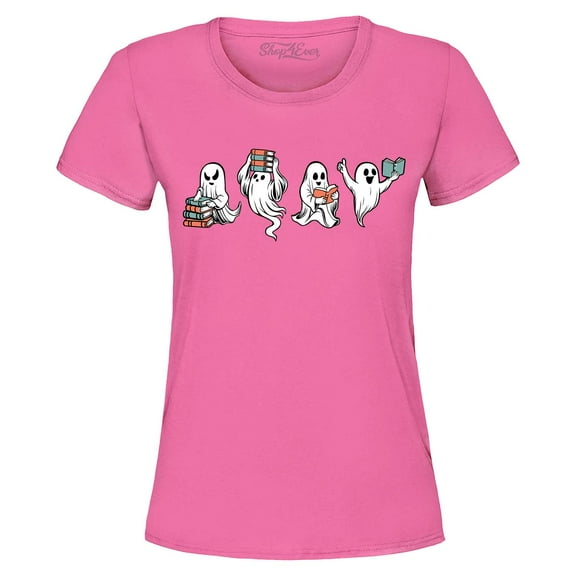 Shop4Ever Women's Ghosts Reading Books Halloween Teacher Graphic T-Shirt Medium Azalea Pink