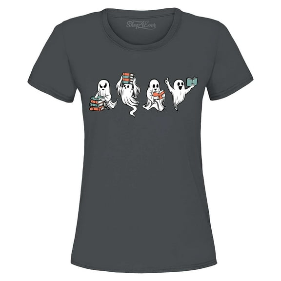 Shop4Ever Women's Ghosts Reading Books Halloween Teacher Graphic T-Shirt Small Charcoal