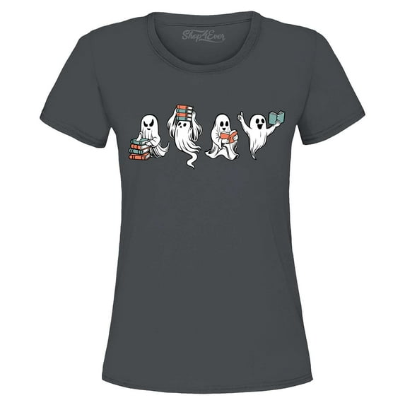 Shop4Ever Women's Ghosts Reading Books Halloween Teacher Graphic T-Shirt Small Charcoal