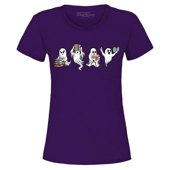Shop4Ever Women's Ghosts Reading Books Halloween Teacher Graphic T-Shirt XX-Large Purple
