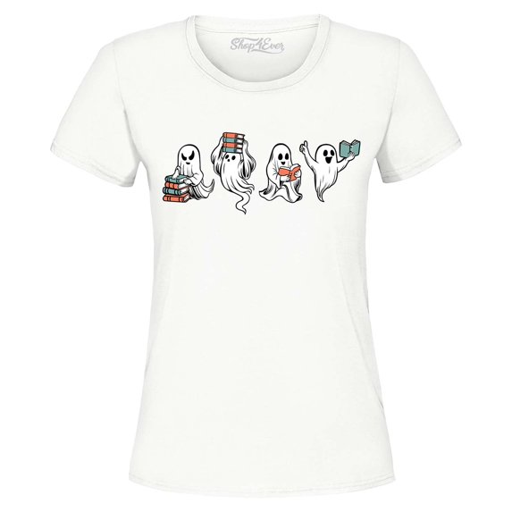 Shop4Ever Women's Ghosts Reading Books Halloween Teacher Graphic T-Shirt XX-Large White