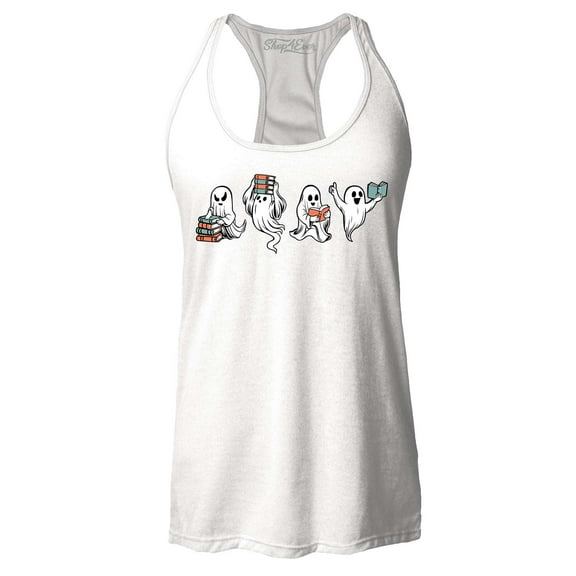 Shop4Ever Women's Ghosts Reading Books Halloween Teacher Racerback Tank Top X-Large White