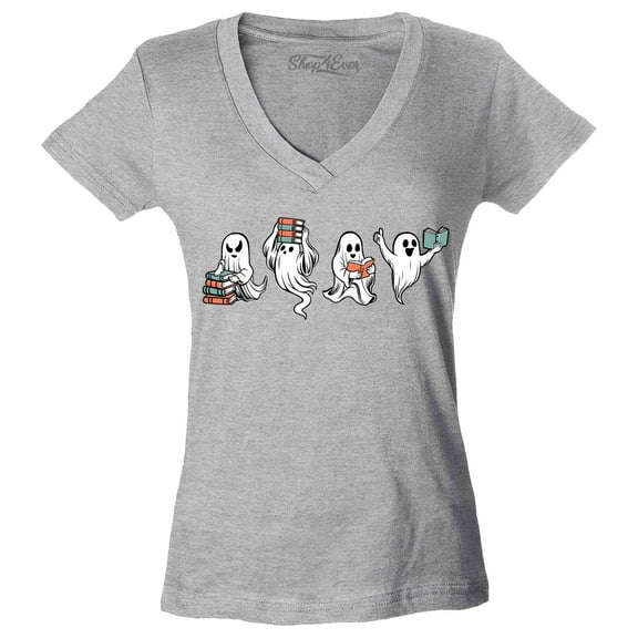 Shop4Ever Women's Ghosts Reading Books Halloween Teacher Slim Fit V-Neck T-Shirt Small Sports Grey