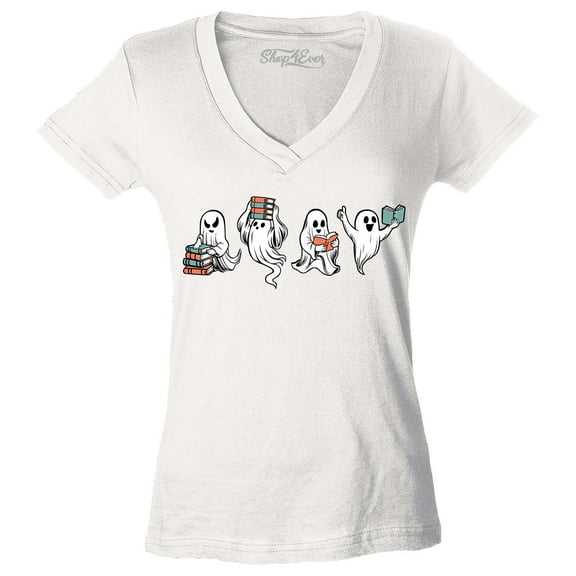 Shop4Ever Women's Ghosts Reading Books Halloween Teacher Slim Fit V-Neck T-Shirt Small White