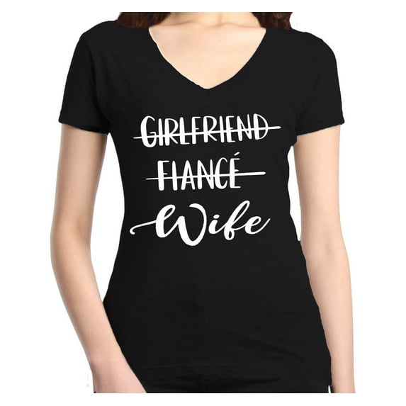 Shop4Ever Women's Girlfriend Fiance Wife Wedding Slim Fit V-Neck T-Shirt X-Large Black