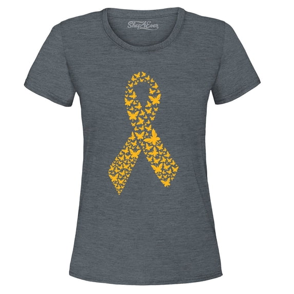 Shop4Ever Women's Gold Butterfly Ribbon Childhood Graphic T-Shirt Small Dark Heather