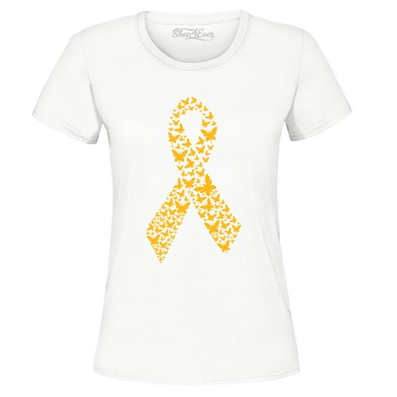 Shop4Ever Women's Gold Butterfly Ribbon Childhood Graphic T-Shirt X-Large White