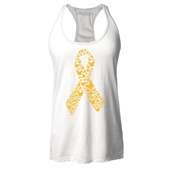 Shop4Ever Women's Gold Butterfly Ribbon Childhood Racerback Tank Top X-Large White
