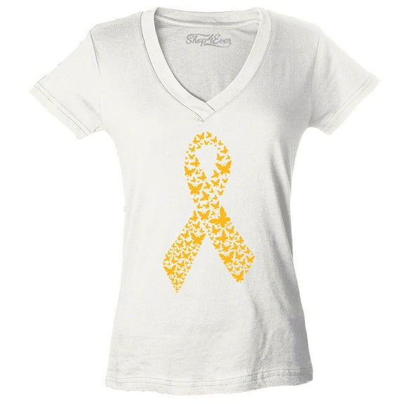 Shop4Ever Women's Gold Butterfly Ribbon Childhood Slim Fit V-Neck T-Shirt Small White