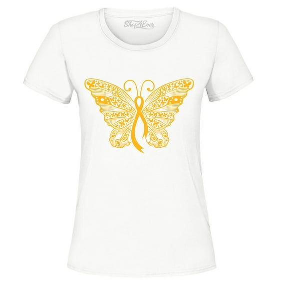 Shop4Ever Women's Gold Ribbon Butterfly Graphic T-Shirt Medium White