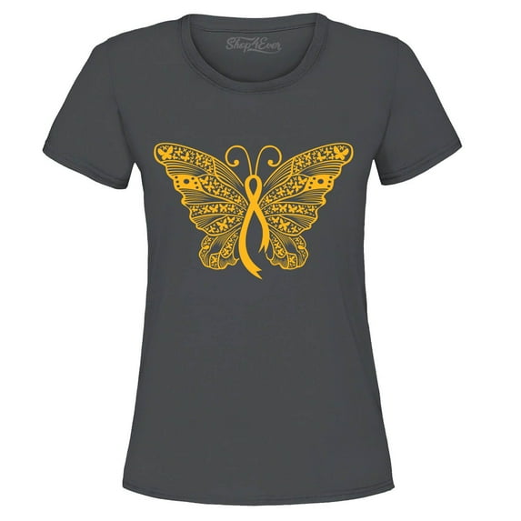 Shop4Ever Women's Gold Ribbon Butterfly Graphic T-Shirt X-Large Charcoal