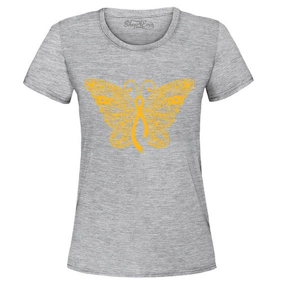Shop4Ever Women's Gold Ribbon Butterfly Graphic T-Shirt XXX-Large Sports Grey