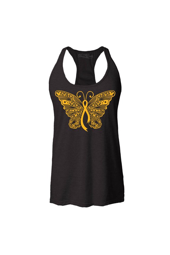 Women's Gold Ribbon Butterfly Racerback Tank Top Medium Black