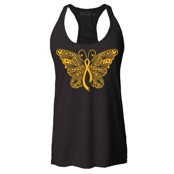 Shop4Ever Women's Gold Ribbon Butterfly Racerback Tank Top Small Black