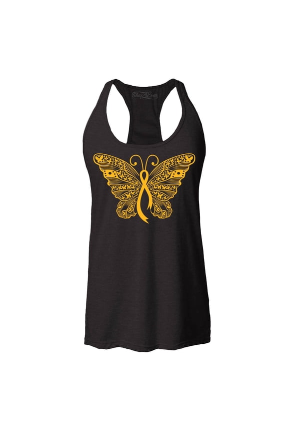 Women's Gold Ribbon Butterfly Racerback Tank Top Small Black