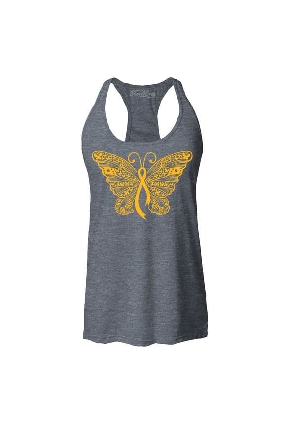 Women's Gold Ribbon Butterfly Racerback Tank Top X-Large Charcoal