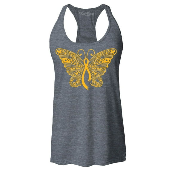 Shop4Ever Women's Gold Ribbon Butterfly Racerback Tank Top X-Small Charcoal
