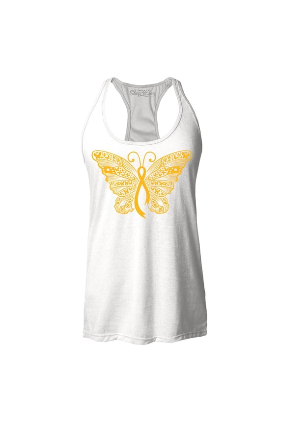 Women's Gold Ribbon Butterfly Racerback Tank Top X-Small White