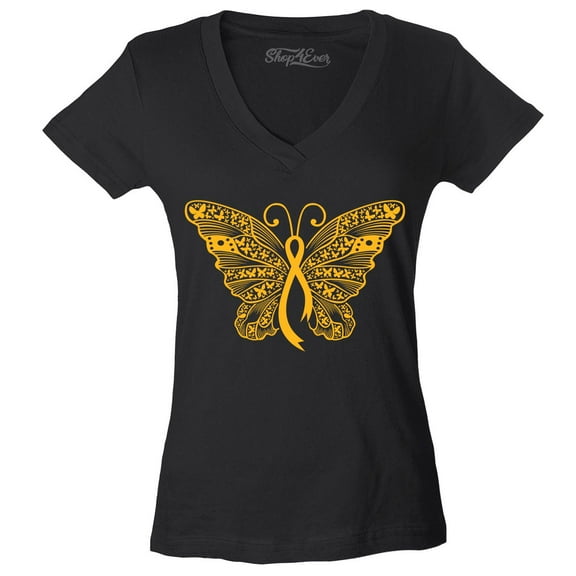 Shop4Ever Women's Gold Ribbon Butterfly Slim Fit V-Neck T-Shirt Medium Black