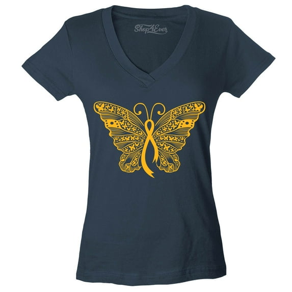 Shop4Ever Women's Gold Ribbon Butterfly Slim Fit V-Neck T-Shirt Medium Charcoal