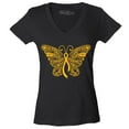 thumbnail image 1 of Shop4Ever Women's Gold Ribbon Butterfly Slim Fit V-Neck T-Shirt X-Large Black, 1 of 5