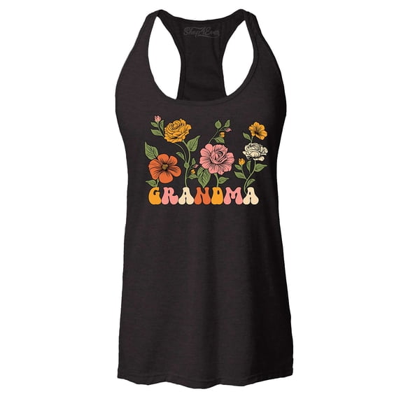 Shop4Ever Women's Grandma Floral Flowers Retro Groovy Wildflowers Aesthetic Racerback Tank Top Large Black