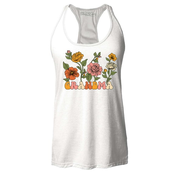 Shop4Ever Women's Grandma Floral Flowers Retro Groovy Wildflowers Aesthetic Racerback Tank Top Medium White