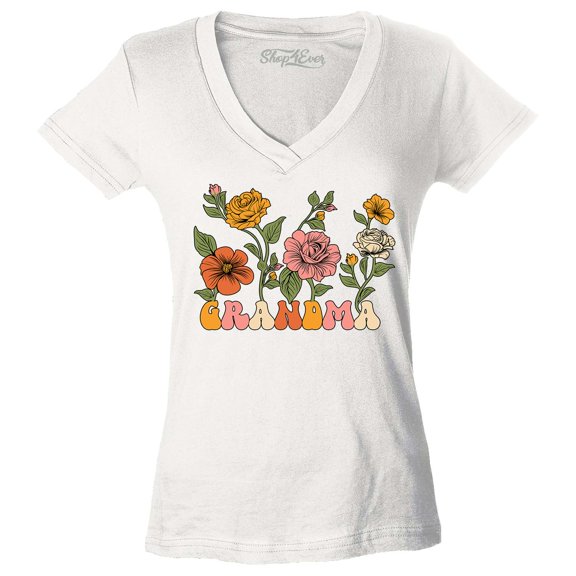Shop4Ever Women's Grandma Floral Flowers Retro Groovy Wildflowers Aesthetic Slim Fit V-Neck T-Shirt Medium White