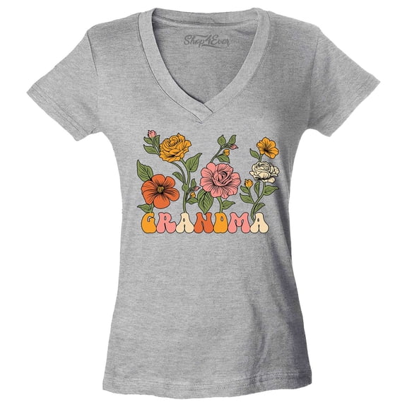 Shop4Ever Women's Grandma Floral Flowers Retro Groovy Wildflowers Aesthetic Slim Fit V-Neck T-Shirt X-Small Sports Grey