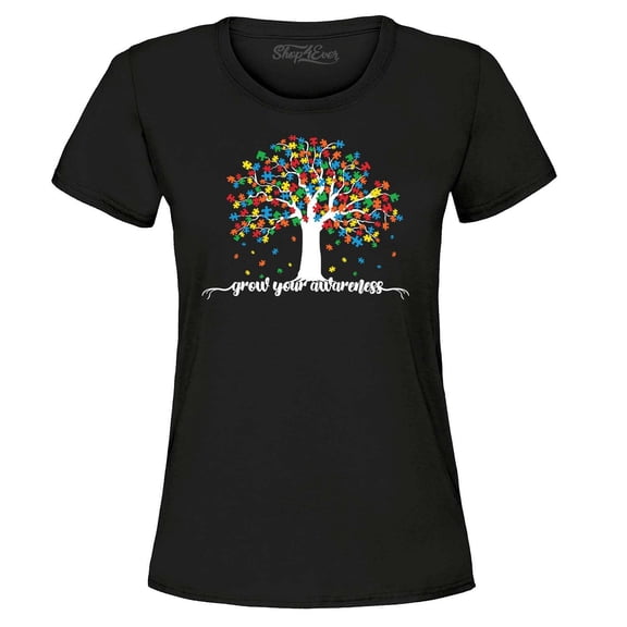 Shop4Ever Women's Grow Your Awareness Autism Puzzle Tree Graphic T-Shirt Medium Black