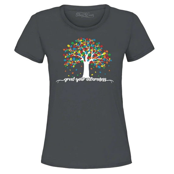 Shop4Ever Women's Grow Your Awareness Autism Puzzle Tree Graphic T-Shirt Medium Charcoal