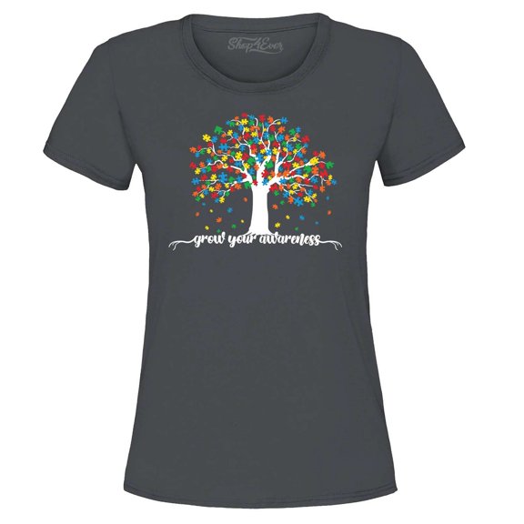Shop4Ever Women's Grow Your Awareness Autism Puzzle Tree Graphic T-Shirt Medium Charcoal
