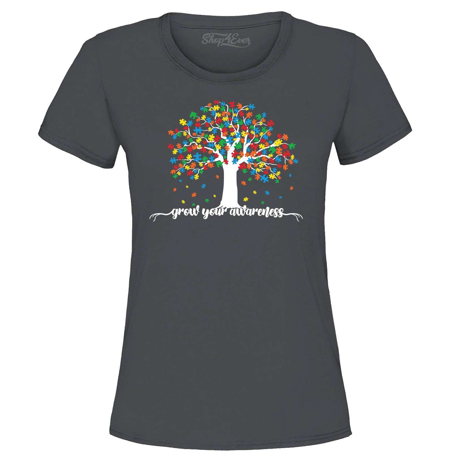 Shop4Ever Women's Grow Your Awareness Autism Puzzle Tree Graphic T-Shirt Small Charcoal