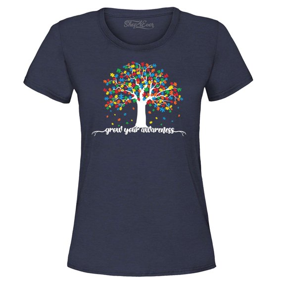 Shop4Ever Women's Grow Your Awareness Autism Puzzle Tree Graphic T-Shirt Small Navy