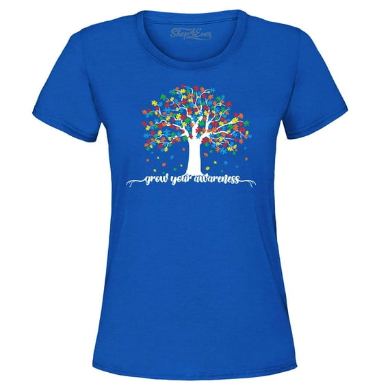 Shop4Ever Women's Grow Your Awareness Autism Puzzle Tree Graphic T-Shirt Small Royal Blue