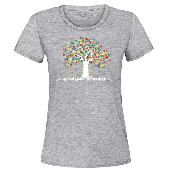 Shop4Ever Women's Grow Your Awareness Autism Puzzle Tree Graphic T-Shirt X-Large Sports Grey