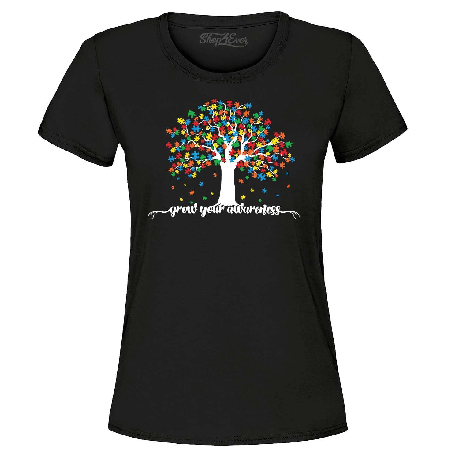 Shop4Ever Women's Grow Your Awareness Autism Puzzle Tree Graphic T-Shirt XXX-Large Black