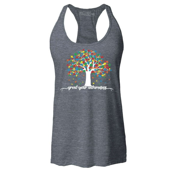 Shop4Ever Women's Grow Your Awareness Autism Puzzle Tree Racerback Tank Top XX-Large Charcoal