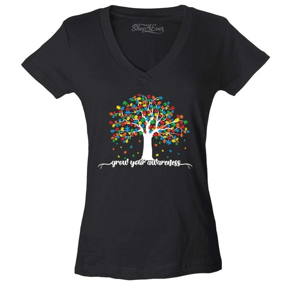 Shop4Ever Women's Grow Your Awareness Autism Puzzle Tree Slim Fit V-Neck T-Shirt Medium Black