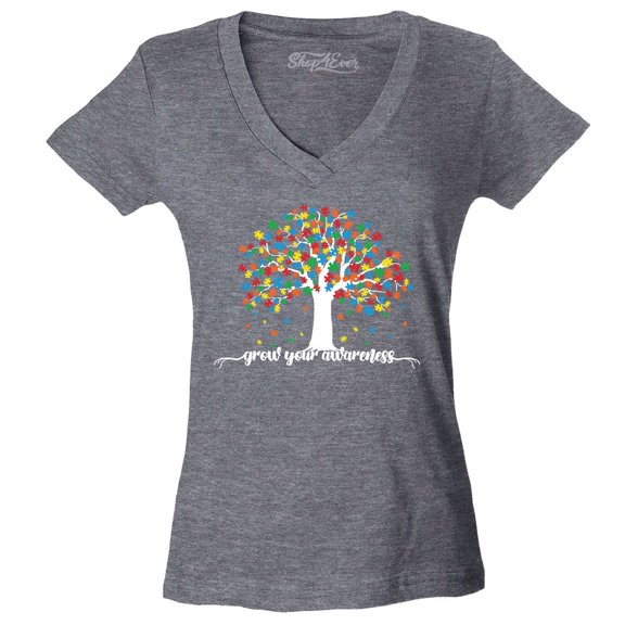 Shop4Ever Women's Grow Your Awareness Autism Puzzle Tree Slim Fit V-Neck T-Shirt Small Heather Charcoal