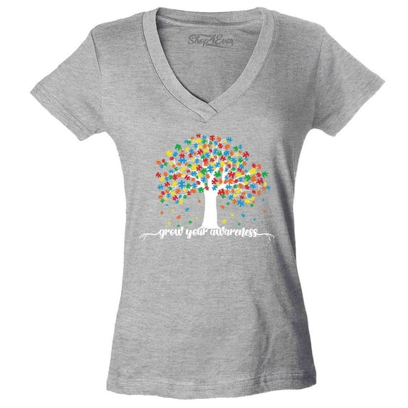Shop4Ever Women's Grow Your Awareness Autism Puzzle Tree Slim Fit V-Neck T-Shirt Small Sports Grey
