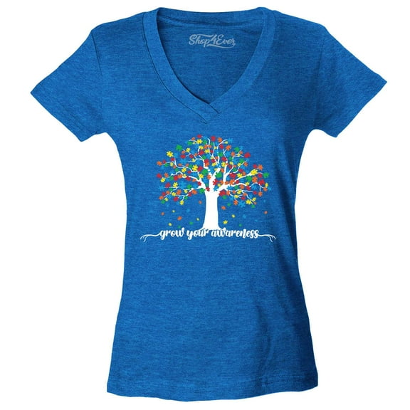 Shop4Ever Women's Grow Your Awareness Autism Puzzle Tree Slim Fit V-Neck T-Shirt XX-Large Heather Royal Blue