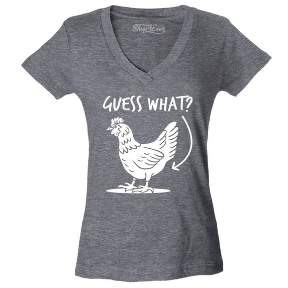 Shop4Ever Women's Guess What? Chicken Butt Slim Fit V-Neck T-Shirt X-Large Heather Charcoal