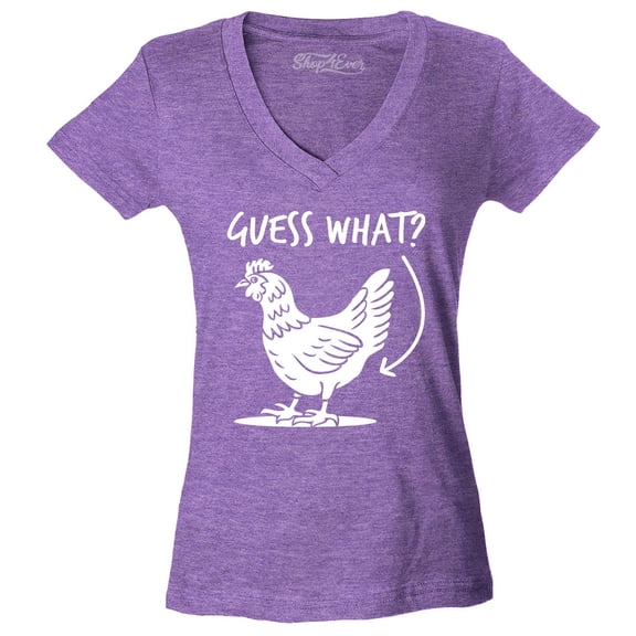 Shop4Ever Women's Guess What? Chicken Butt Slim Fit V-Neck T-Shirt X-Small Heather Purple